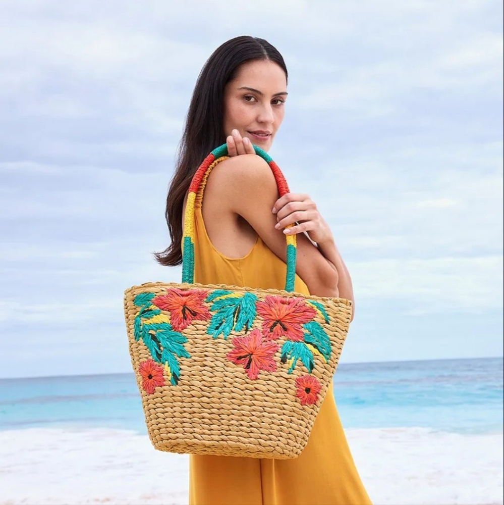 Patricia Nash Colorful Floral Straw Tote Bag